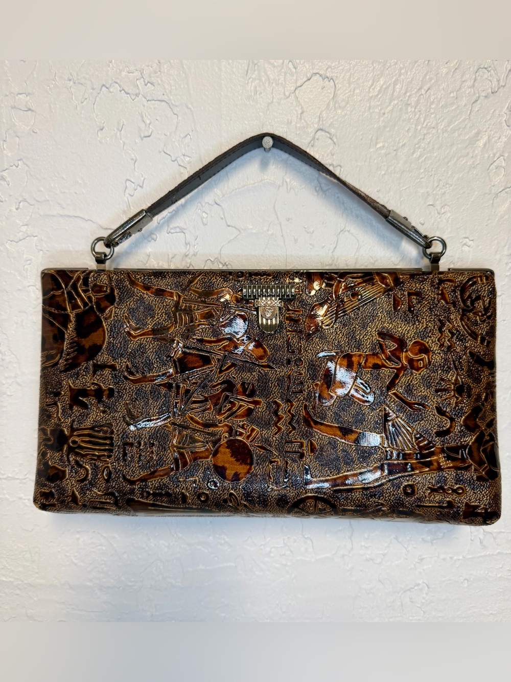 Vintage Patent Leather Embossed Egyptian Camel Brown Women's Top-Handle Bag